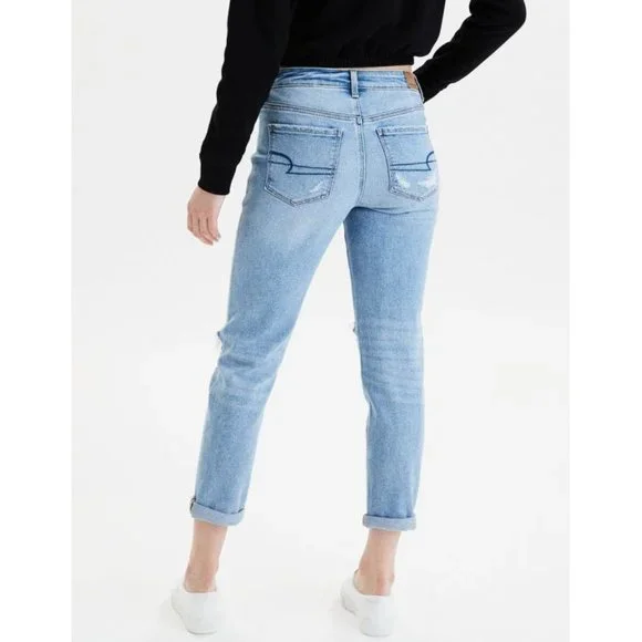 American Eagle Stretch Tomgirl Jeans Slashed Sky Destroyed Ripped BF Boyfriend 0 - Picture 2 of 14